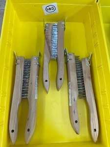 6 WIRE BRUSHES - Wood handle w scraper