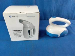 Dritz Jumbo Lint Shaver in blue and white and Brookline Portable Garment Steamer in white.