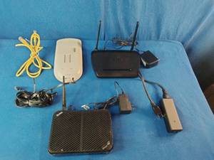 A collection of networking hardware, cables, and power adapters