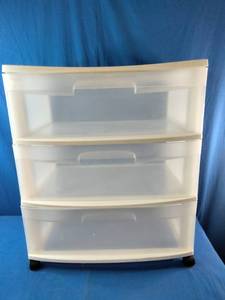 This is a Sterilite 3-Drawer Wide Storage Cart featuring a white frame and clear drawers.