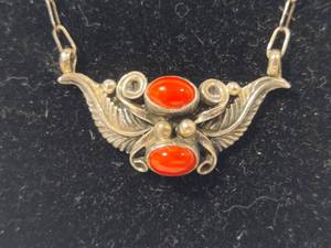 Sterling & Red Coral Navajo PendantNecklace