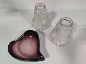 Heart Shaped Art Glass Bowl & Two Glass Shades