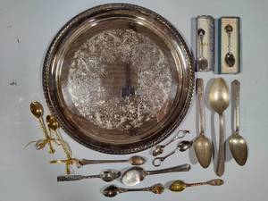 Silver Plated Platter & Asst Spoons