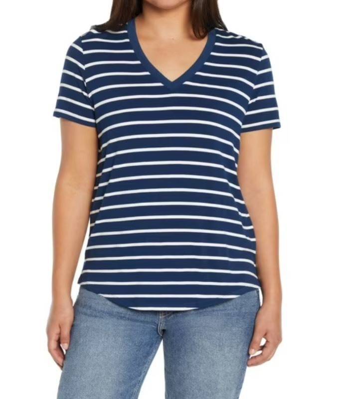 GAP Striped V-Neck Blue T-Shirt - Womens Size Medium - $35 Retail - Brand New