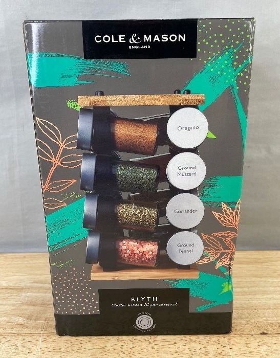 COLE & MASON Blyth Classic Wooden 16 Filled Spice Jars in Bamboo Carousel $69 Retail - Brand New