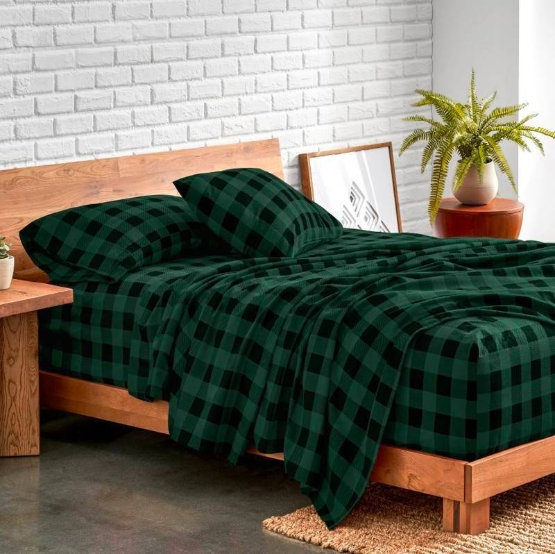 Bare Home Split King Flannel Sheet 5-piece Set, Forest Green & Black - $120.99 Retail - Brand New