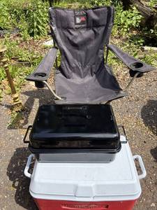 Rubbermaid 68 qt Cooler, Camp Grill and Foldable Camp Chair S