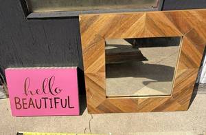 Parquet Wood Square Mirror & Pink Hello Beautiful Sign S