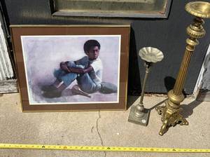 Framed Sitting Art Print, Silver Candle Holder and Large Brass Candle Holder S