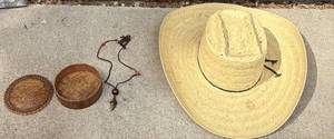Straw Hat, Round Handmade Carved Bowl & Tooth Pendant Necklace S