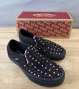 Vans Black Slip-On Shoes with Pink Dot Embellishments, Womens Size 7.5 - Brand New S