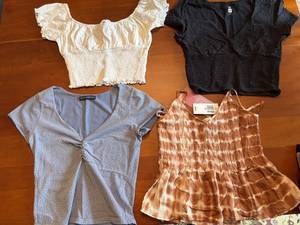 Brandy Melville Womens Blue Twist Top, Me to WE Womens Black Smocked Top, American Eagle White Eyelet Crop, Brown Womens Tie-Dye Tank Top S