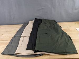 4 Pairs Mens Elastic Waist Cargo Shorts Size XXL Green, Black, Grey, Tan - Brand New