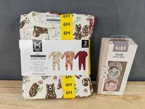 Members Mark Baby Organic Sleep & Play Size 6 Months, 3 Pack and BIBS Round Pacifiers Size 2, 2 Pack - Brand New