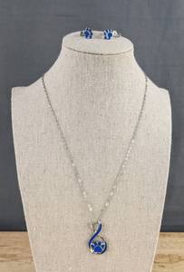 Paw Print Necklace & Earrings Set Blue Silver - Brand New