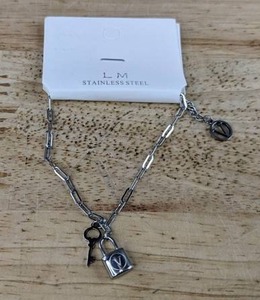 LM Stainless Steel Lock & Key Bracelet With V Charm - Brand New