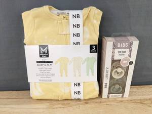 Members Mark Sleep & Play Size Newborn, 3 Pack & BIBS Round Pacifiers Size 1, 2 Pack - Brand New