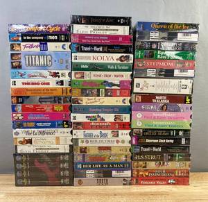 50 VHS Movie Collection - Titanic, Footloose, Wedding Singer, Father of the Bride, Joan of Arc, North to Alaska, South Central, Elvis Presley C
