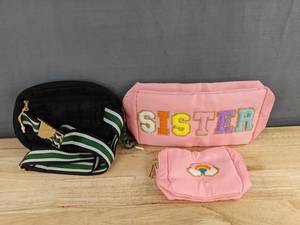 Sister Pink Cosmetic Bag, Small Rainbow Pink Pouch, and Crossbody Bag Black and Green - Brand New