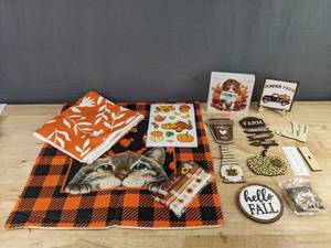 Fall Themed Decor Cat Pillow Cover 18 x 18, Kitchen Towels, Stickers, Ribbon 5yd, Dog Plaque & Signs and Holder Stand, 12 Piece - Brand New