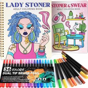 Stoner Girls Adult Coloring Books, 2 Total with 36 Dual Tip Brush Pens - Brand New