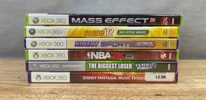 6 Xbox 360 Games - Mass Effect, Scene It, Disney Fantasia, NBA 2K15, Kinect Sports, Biggest Loser - Brand New C