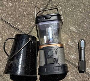 Energizer Solar Lantern with Charging Port, Metal Camping Coffee Pot and Silver Heavy Duty Flashlight S