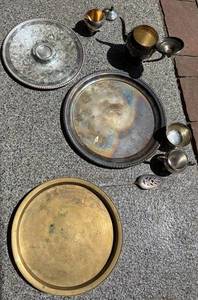 Rogers Silverplate Tea Set, Solid Brass Serving Tray and Decorative Silver Tray S