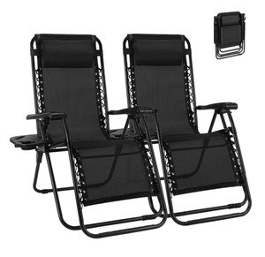 Zero Gravity Folding Lounge Patio Black Recliner Chairs with Adjustable Pillow and Cup Tray, 2 Total, $349 Retail - Brand New