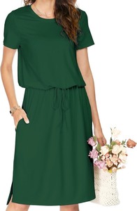 Simier Fariry Womens Summer Hide Belly Knee Length Pocket Short Sleeve Midi Forest Green Emerald Travel Dress, Size Small, $46 Retail - Brand New S