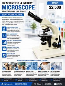MSRP $2500 LW Scientific i4 Infinity Microscope Professional Lab Scope w Super Clear Optics LED Lighting Multiple Magnifications Includes Carry Case Perfect For vet labs, schools, biology study, students, hobby microscope users &amp lab testing work