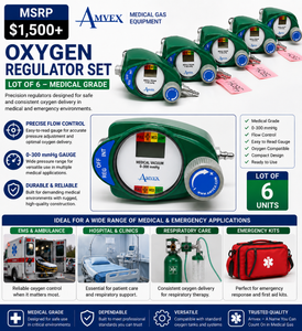 MSRP $1,500 Lot of 6 Amvex Medical Oxygen Regulators 0300 mmHg, O2 Tank Flow Control Valves w Gauge, EMS Hospital Respiratory Equipment, EXCELLENT WORKING CONDITION
