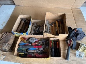 Large Vintage Hand Tool Lot  Hammers, Screwdrivers, Wrenches, Leather Tool Belt & Shop Tools
