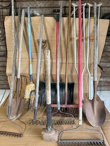 Farm & Garden Tool Lot w Utility Barrel  Shovels, Rakes, Pitchfork, Broom, Snow Shovel & Sledgehammer