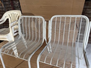 Vintage Heavy-Duty Steel Patio Chairs (2)  Commercial Grade Wire Lawn Chairs, plus two plastic chairs