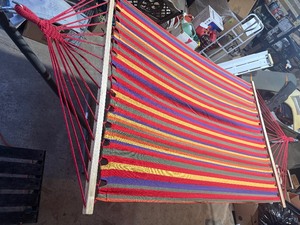 Outdoor Fabric Hammock with Steel Stand  Colorful Striped Patio & Backyard Hammoc