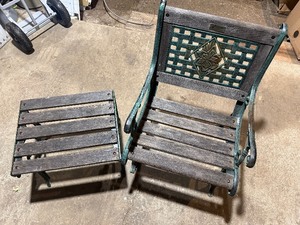 Parkland Heritage Cast Metal & Wood Garden Chair with Matching Ottoman Set  Beautiful Verdigris Finish