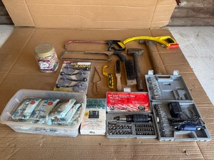 Vintage Hand Tool & Home Utility Lot - Saws, Driver Set, Rotary Tool & Cleaning Supplies