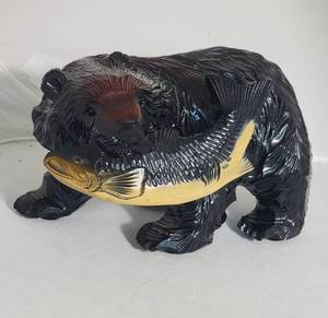 Hand Carved Black Bear with Salmon Sculpture