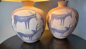 Heartline Deer Zuni Pueblo Pottery Lamp Pair