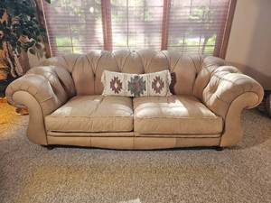 Cream Tufted Leather Sofa with Rolled Arms