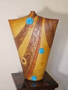 Southwestern Style Carved Wood Vase with Turquoise Accents