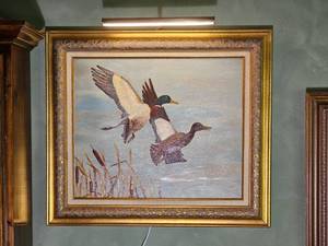 M. Holmes Original Framed Hooded Merganser Duck Painting with Picture Light