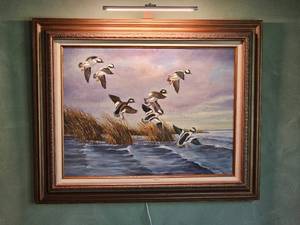 M. Holmes Original Framed Flying Mallard Painting with Picture Light