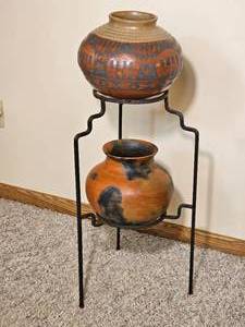 Casas Grandes Pottery Vessels with Iron Display Stand