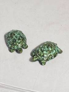Green Glazed Ceramic Turtle Figurine Pair