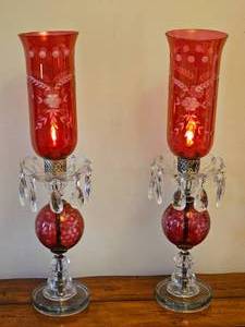 Pair of Ruby Red Glass Hurricane Accent Lamps