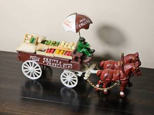 Vintage Cast Iron Fresh Fruits & Vegetables Horse Drawn Wagon Dcor