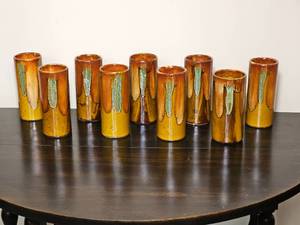 Vintage Signed Dryden Pottery Stoneware Collins Glass Tumbler Set