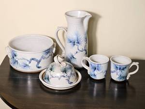Handcrafted Pine Motif Studio Pottery Serving Collection